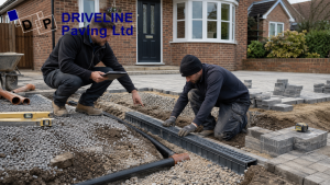 Contractor and installer planning drainage installation for a residential paving project in Chelmsford